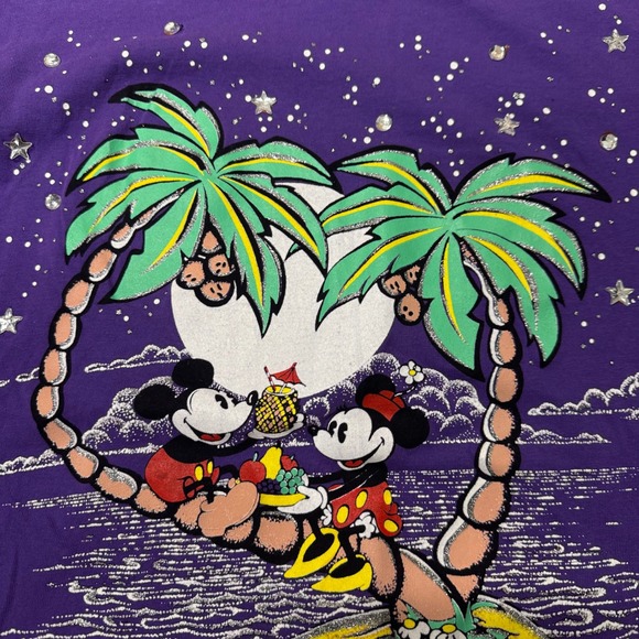 Disney Store Mickey Minnie Mouse Tropical Palm Tree Graphic TShirt Purple Womens - Picture 6 of 10